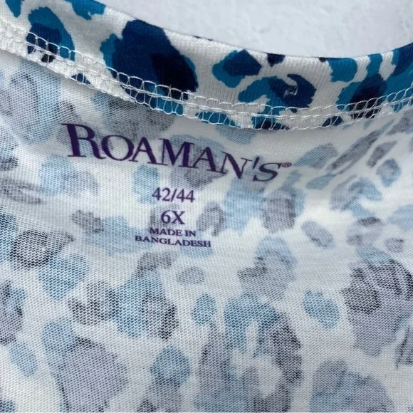 Roaman's Blue Leopard Print Cotton Long Sleeve V Neck Shirt 6X - Picture 6 of 7